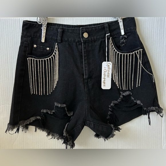 NWT CASHMERE & CHAMPAGNE DIAMOND TASSELS RIPPED DENIM SHORTS Sz. S - Picture 4 of 14